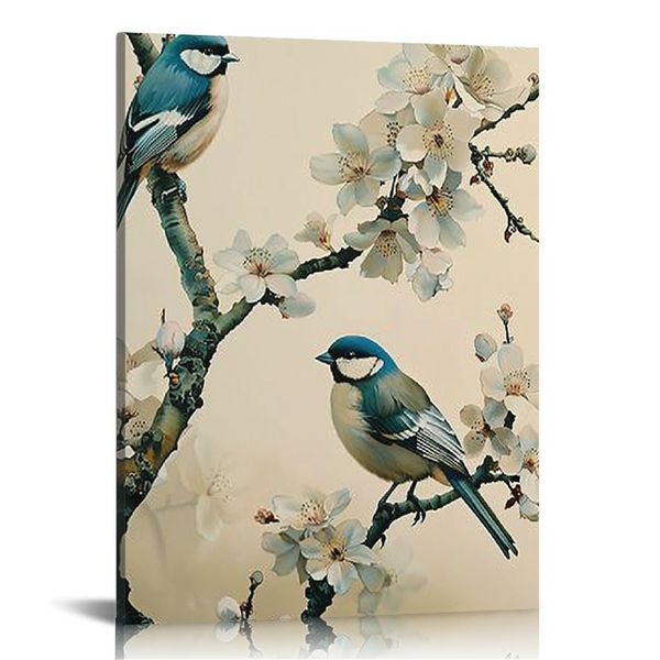 Art mural en toile d'oiseau, oiseaux bleus sur branches à fleurs blanches peintures imprimées mignonnes vintage oiseau abstrait photo affiche pour la salle de bain décor de salle à manger de salle de bain