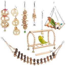 Oiseau Perroquet Balançoire Jouets À Mâcher Debout Suspendu Perchoir Hamac Escalade Échelle Cage À Oiseaux Jouets en Bois Naturel pour Perruche, Perruche, Conure, Cockatiel, Maine, Pinsons