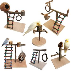 Étagère de jeu pour oiseaux avec cage à oiseaux en bois naturel avec jouets amovibles/bol/pont pivotant Accessoires de cage pour perroquets, aras, perruches et petits oiseaux