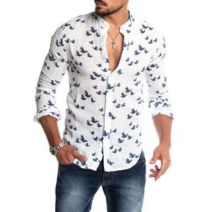 Heren Casual Shirts Bird Printed Linnen Shirt voor Dames Stand Kraag Korte Mouw Zomer Wit Mannelijke Blouse 2021 Herenkleding