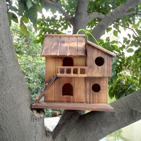 Nid d’oiseau Cage agrandie carbonisation en bois anticorrosif maison en bois décoration pastorale extérieure Cages à oiseaux