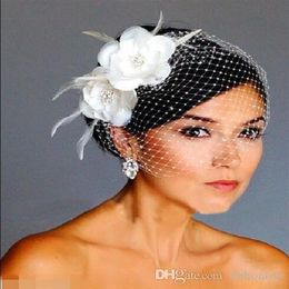 Cage à oiseaux voiles fleurs blanches plume cage à oiseaux voile mariée mariage cheveux pièces accessoires de mariée cap voile hat2514