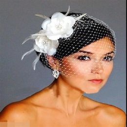 Cage à oiseaux voiles fleurs blanches plume cage à oiseaux voile mariée mariage cheveux pièces accessoires de mariée cap voile chapeau HT132335Z