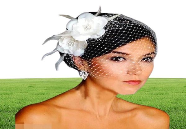 Voiles de cage à oiseaux, fleurs blanches, plumes, voile de cage à oiseaux, pièces de cheveux de mariage, accessoires de mariée, casquette, chapeau HT1322704648