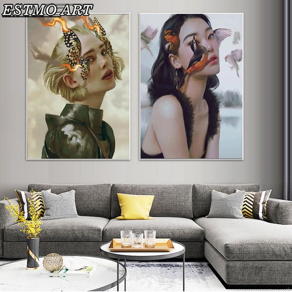 Oiseaux et femmes toile peinture murale personnalité art moderne art animal figure affiche mur art suspendu image hd décor peintures