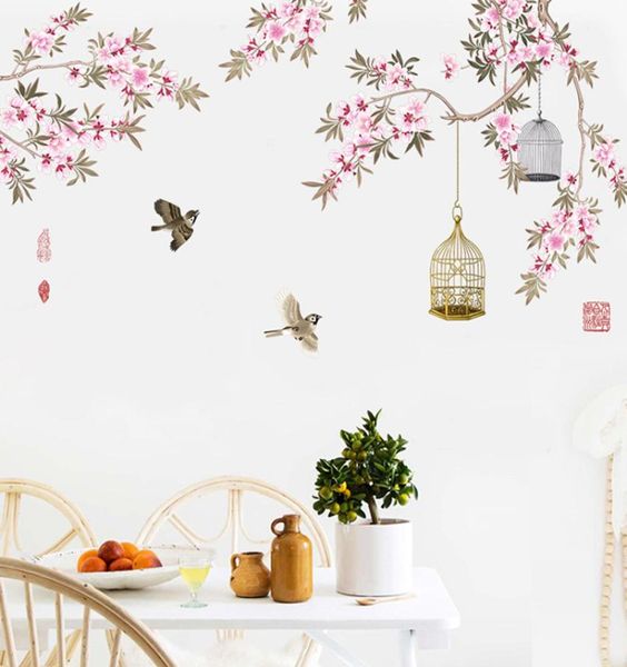 Oiseaux volant parmi les fleurs branches d'arbres autocollants muraux salon chambre fond de chambre décor mural affiche art art cage mur mur de7585323