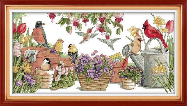Oiseaux se rassemblent dans le jardin Dessin décor peintures, Outils de point de croix faits à la main Broderie Ensembles de couture comptés impression sur toile DMC 14CT / 11CT