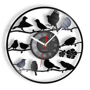 Pájaros en una rama, sombra, arte, reloj de pared para el hogar, sala de estar, decoración interior, discos de vinilo Retro, reloj de pared, reloj de barrido silencioso H1230