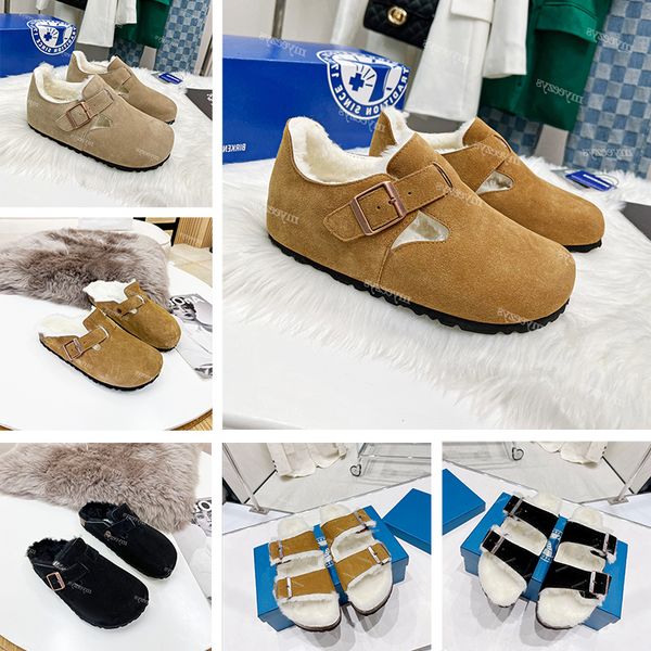 Birkes Boston Zuecos Zapatillas de invierno Piel de oveja Gamuza Diseñador Zapatos peludos Resbalón en corcho Mula plana Lana Pelusa Corcho Diapositivas Bota con hebilla de cuero Botines