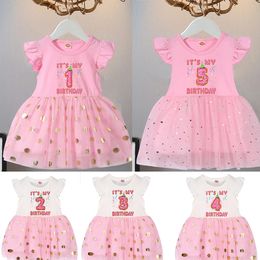 CUMPLEAÑOS BABINAS NIÑAS VESTIVAS PINK PINK Kids Princess Tutu Vestidos infantiles 1 ° 2 años atuendos para niños pequeños Dots de manga corta estrella 240413