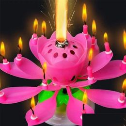 Bougies musicales pour gâteau d'anniversaire, fleur de Lotus rotative, décoration de Festival de noël, décoration de fête de mariage, livraison directe Dhoyj