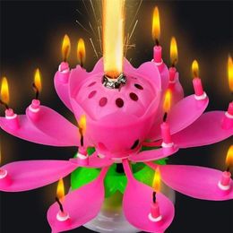 Verjaardagstaartmuziek kaarsen roteren lotus bloemen kerstfestival decoratieve muziek bruiloftsfeest decorat qylxyv7178221