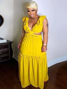 Robe d'anniversaire pour femmes, Sexy, dos nu, jaune, Maxi, col en V, grande taille, élégante, vente en gros, goutte en vrac, 240402