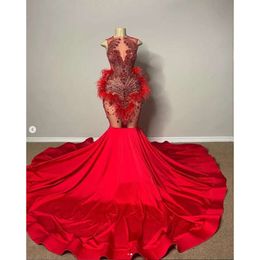 Verjaardag Rode Koningin Zeemeermin Sparkly Prom Dresses Sheer Mesh Stain Gillter Crystal Beaded Black Girl Avondjurk