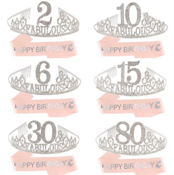 Anniversaire Sash Tiara Set Décoration de Fête pour Filles Or Rose Ceinture Strass Cristal Couronne Fabuleux Événement de Vacances Faveur Fournitures 1e-18e 20e 30e 40e 50e 80e