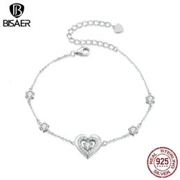 Bisaer 100% 925 Bracelet à double cœur en argent sterling zircon platine à chaîne réglable plaquée pour femmes bijoux fins 240423