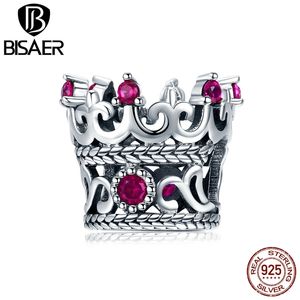 BISAER 925 Sterling Charms Princess Queen Crown Pink CZ Beads Fit para pulsera Plata 925 Fabricación de joyas