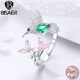 Bisaer 925 sterling zilveren vogel kolibries wens vinger ringen helder CZ bloem verstelbaar voor vrouwen bruiloft EFR016 211217
