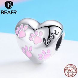 BISAER 925 Sterling Silver Bulldog Empreintes Charms Chien Animal Rose Coeur Perles fit Original Argent 925 Fabrication de Bijoux ECC768 Q0531