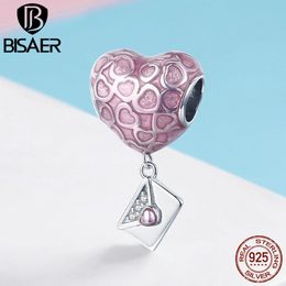 BISAER 925 Sterling Silver Pink Heart Love Letter Envelope Charms Perles fit for Bracelets DIY Jewelry Making ECC1080 Q0531