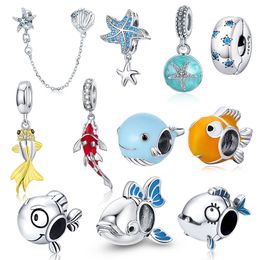 Bisaer Blue Starfish Fish Charms 925 Sterling Zilveren Hanger Zircon Ocean World Beads Fit DIY Armband Ketting Sieraden Maken Q0531