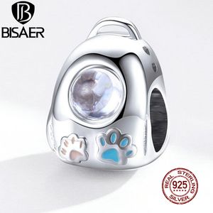 BISAER Cat Sac à dos Perles 925 Sterling Silver Paw Empreinte Pet Sac Émail Charms Pendentif Fit Bracelet Collier Bijoux EFC294 Q0531