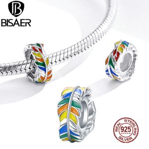 BISAER Coloré Plume Entretoise 925 Sterling Silver Silicone Stopper Rainbow Charms Fit Bracelet DIY Bijoux Accessoires EFC305 Q0531