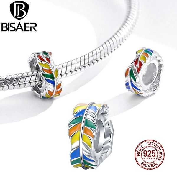 BISAER, espaciador de plumas de colores, tapón de silicona de Plata de Ley 925, abalorios de arcoíris aptos para pulsera, accesorios de joyería DIY EFC305 Q0531