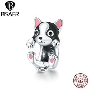 BISAER mignon chiot breloques 925 en argent Sterling chien animaux perles pendentif bracelets à bricoler soi-même collier 2020 bijoux EFC388 Q0531