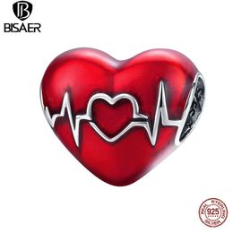 BISAER Heartbeat Beads 925 Sterling Silver Red Email Heart Charms Fit Bracelet Collier Pendentif Bijoux De Mariage ECC1569 Q0531