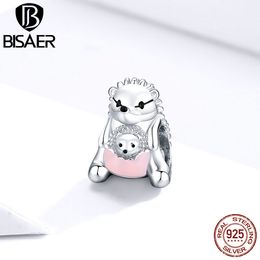 Bisaer Hedgehog Moeder Kids Charms 925 Sterling Zilver Roze Emaille Hanger Animal Beads Voor DIY Armband Ketting Geschenken EFC239 Q0531