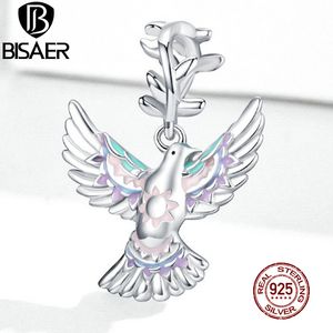 BISAER paloma cuentas 925 plata esterlina colorido esmalte pájaro de la paz encantos colgante ajuste pulsera collar joyería EFC295 Q0531