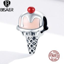 BISAER Perles de crème glacée rose 925 en argent sterling cerises rouges charmes pendentif d'été idéal pour bracelet collier bijoux ECC1533 Q0531
