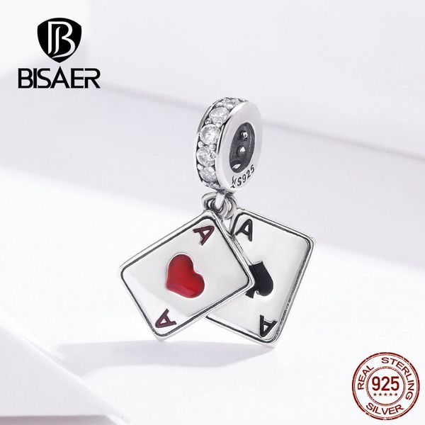 BISAER Poker Love Pendentif 925 Sterling Silver Ace in Poker Love Charms Perles fit pour Bracelets Colliers DIY Bijoux ECC1172 Q0531