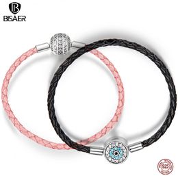 Bisaer Real 925 Sterling Roze Leer voor Vrouwen Clear CZ Round Clasp Touw Armbanden Zilveren Sieraden ECB114