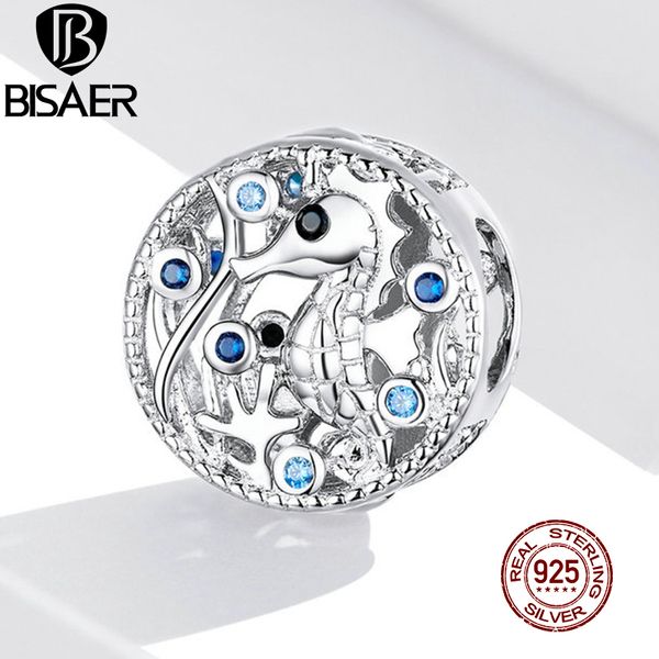 BISAER Perles d'hippocampe en argent sterling 925 bleu zircon hippocampe charmes ronds ajustement bracelet à bricoler soi-même collier pendentif pour femmes EFC266 Q0531