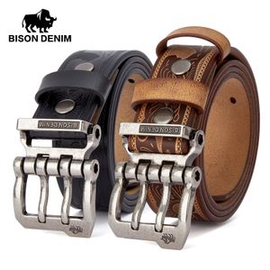 Bison denim mannen riemen koe split echte lederen pin buckle zakelijke taille riemen retro pin gesp chancy mannelijke riem voor jeans 240322