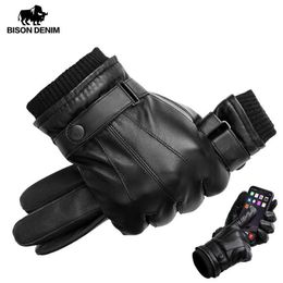 BISON DENIM Guantes de cuero genuino para hombres Guantes de pantalla táctil para hombres Mitones cálidos de invierno Manoplas de dedo completo Plus Velvet S309i