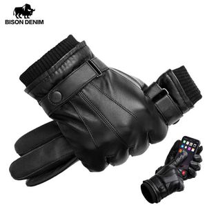 BISON DENIM Guantes de cuero genuino para hombres Guantes de pantalla táctil para hombres Manoplas cálidas de invierno Manos con dedos completos Plus Velvet S318E