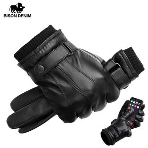 BISON DENIM Heren Lederen Handschoenen Touchscreen Handschoenen voor Mannen Winter Warme Wanten Volledige Vinger handschuhe Plus Fluwelen S303D