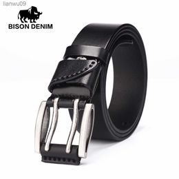 BISON DENIM Heren Echt Lederen Riem Vintage Jeans Riem Dubbele Pin Gesp Designer Lederen Riemen Voor Mannen Mannelijke Gift N71247 L230704