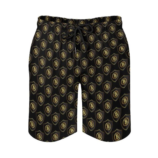 Bitcoin blindado tablero pantalones cortos elásticos hombres pantalones cortos de playa estampado de monedas de oro de gran tamaño