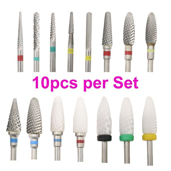 Bits 10pc / set Milling Cutter carbure en céramique ongles Drift de forage électrique fichiers de manucure cuticule enlever les outils de vernis de bour.