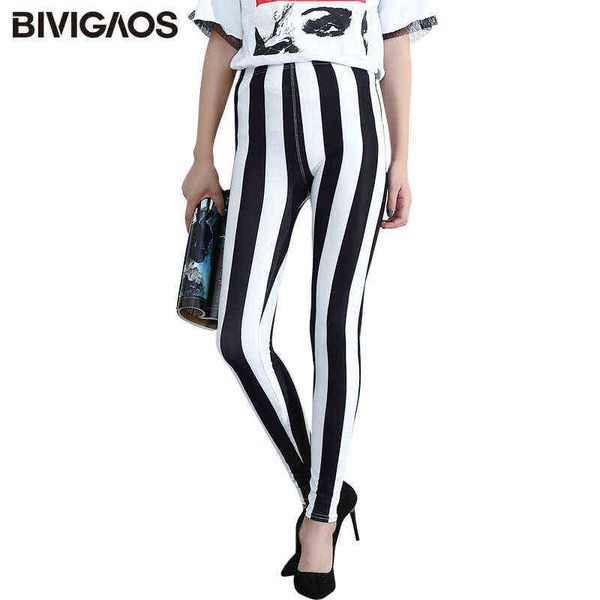 BIVIGAOS Mode Casual Femmes Noir Blanc Rayures Verticales Leggings Workout Leggings Femme Lait Élastique Crayon Pantalon Pour Femmes 211117
