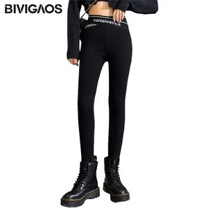 Bivigaos herfst winter kruis tailleband brief zwart potlood broek fluwelen dikke warme broek hoge taille slim skinny leggings 210915