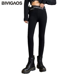 BIVIGAOS Automne Hiver Croix Ceinture Lettre Noir Crayon Pantalon Femmes Velours Épais Chaud Pantalon Taille Haute Mince Maigre Leggings 211216