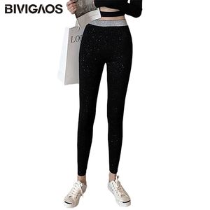 Bivigaos coréen brillant soie coton leggings femmes taille haute chic paillettes fil élastique mince crayon pantalon 211215