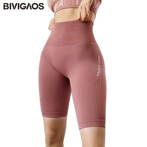 BIVIGAOS Lettre Taille Haute Shorts Séchage Rapide Hip Up Sexy Biker Shorts Fitness Court Haute Stretch Sport Shorts Femmes 210625