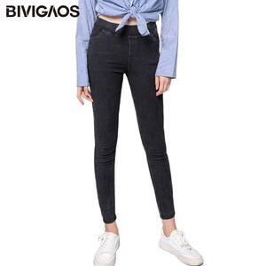Bivigaos lente herfst grote basic stijl zandwassing jeans leggings vrouwen elastische sneeuwvlok denim potlood broek plus size jeggings 201105
