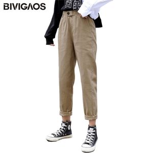 Bivigaos lente dames kleding rechte overalls casual harem broek Koreaanse elastische taille driehoek spiegel vrachtpants vrouwen 211218
